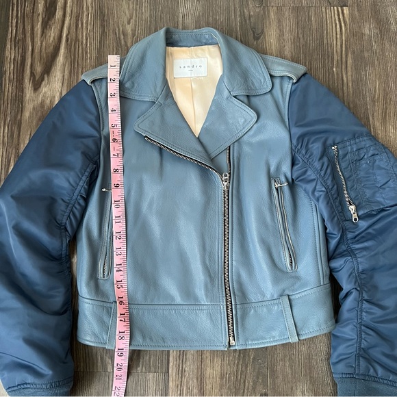 Sandro Blue Goat Leather Coat Biker Moto Bomber Jacket with Pleated Sleeves - Picture 12 of 16